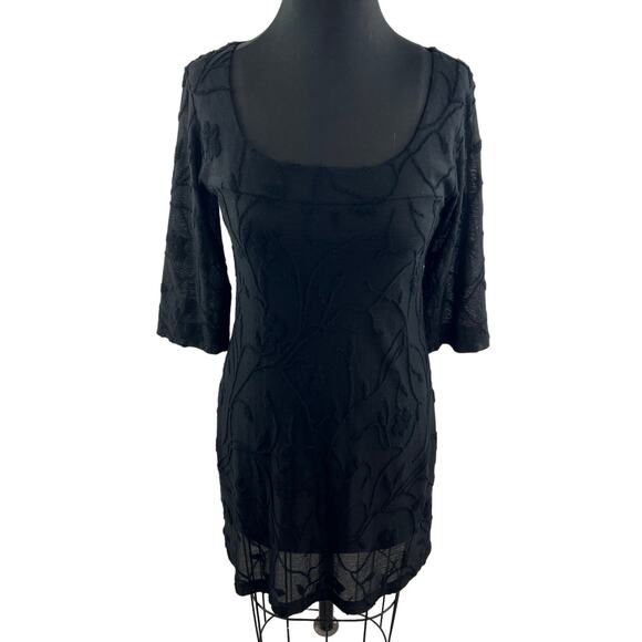 VTG Johnny Was Black Lace Shift Dress Scoop Neck Floral 3/4 Sleeve Size Small S - Picture 1 of 9